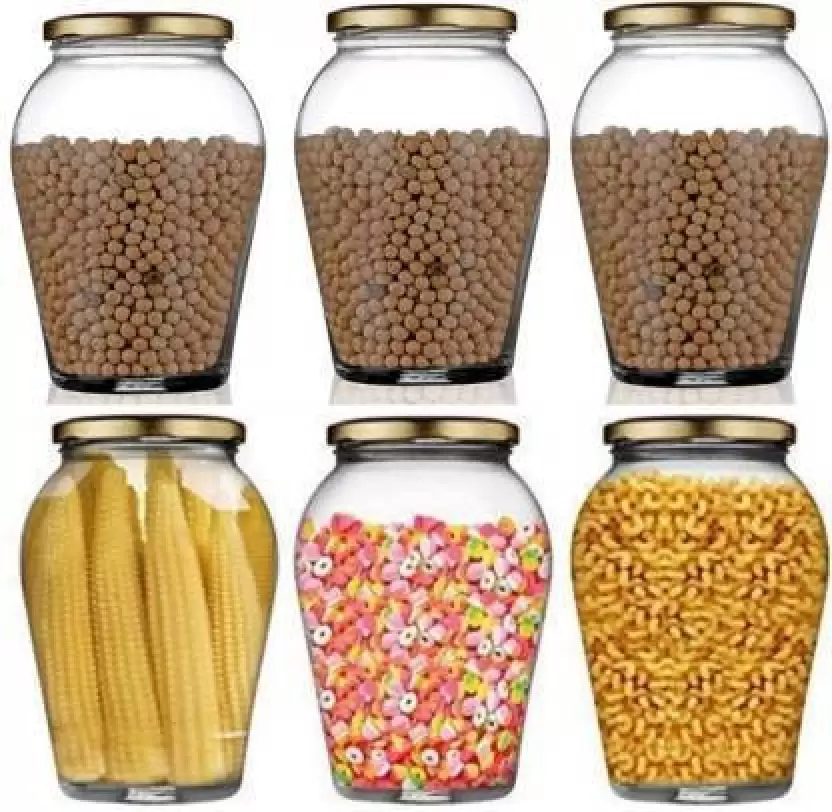 TKoooS 1000ml Big Pot grocery storage pot shape glass jars - 1000 ml Glass Cookie Jar  (Pack of 6, Gold)